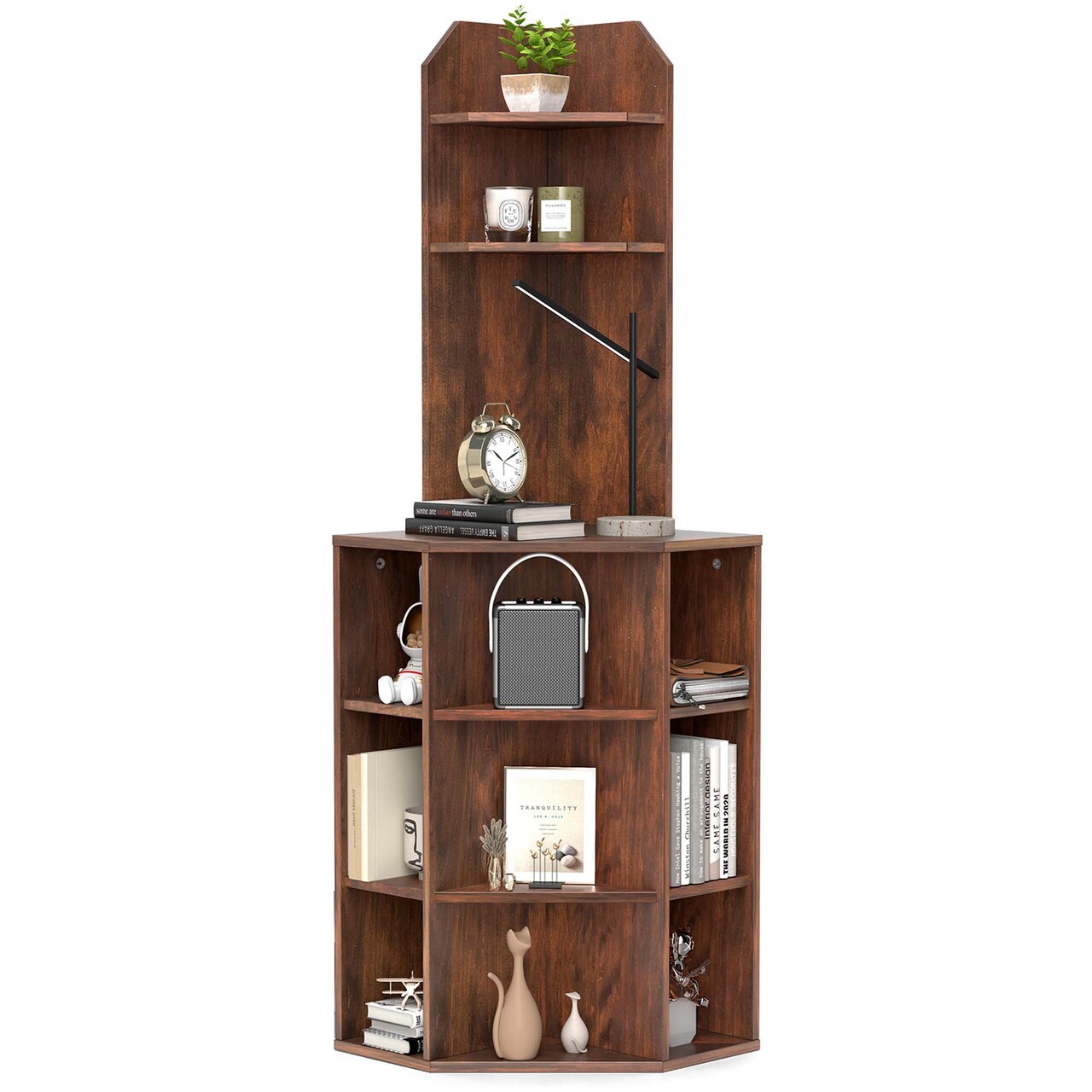 Costway 6-Tier Corner Shelf 63" Tall Corner Bookshelf with 2 USB Ports & Charging Station Brown/White